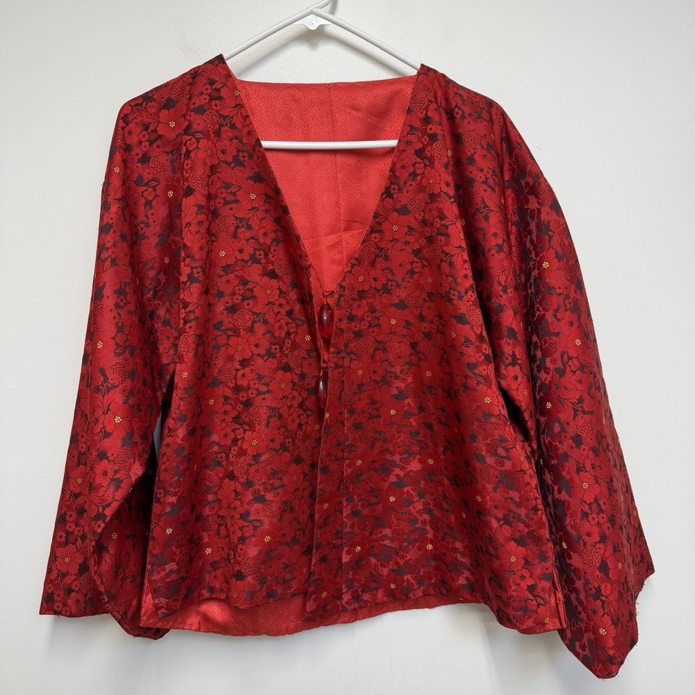 Korean Magoja Hanbok Jacket RED Floral Jacquard Lined Amber Lucite? Buttons